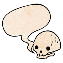 cartoon spooky skull and speech bubble in retro texture style