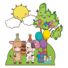 Obraz na płótnie Canvas Bull and cow cartoon with happy birthday icon design