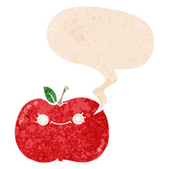 cute cartoon apple and speech bubble in retro textured style