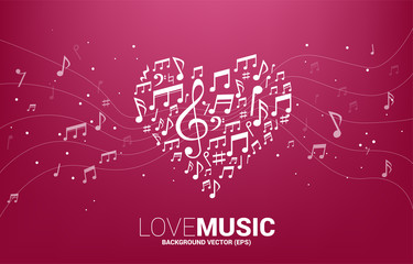 Vector music melody note shaped heart form . Concept background for song and love music concert theme.