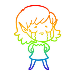 rainbow gradient line drawing crying cartoon elf girl