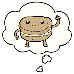 cartoon waving cake character and thought bubble