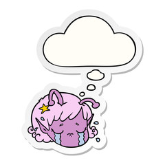 cartoon alien space girl face crying and thought bubble as a printed sticker