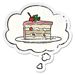 cartoon dessert cake and thought bubble as a distressed worn sticker
