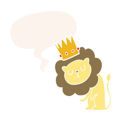 cartoon lion and crown and speech bubble in retro style