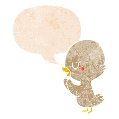 cartoon duckling and speech bubble in retro textured style