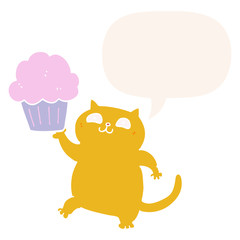 cartoon cat and cupcake and speech bubble in retro style