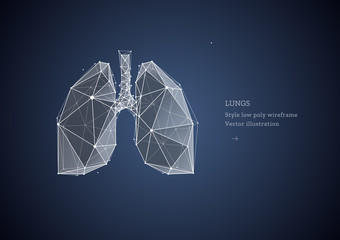 Lungs. Polygonal wireframe composition. Banner concept, the treatment of of lung diseases. Abstract illustration isolated on dark background. Particles are connected in a geometric silhouette.