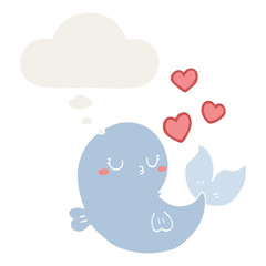 cute cartoon whale in love and thought bubble in retro style