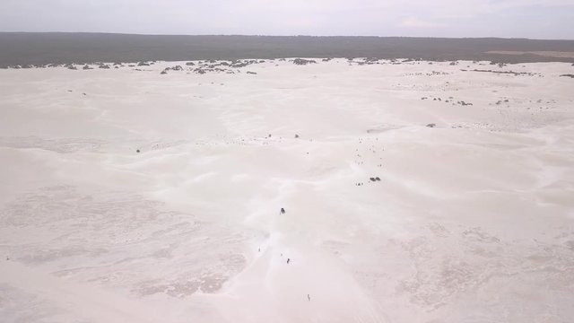 Aerial view of the brilliant white beaches of Lancelin. Drone flies over the big stage on the jeeps drive