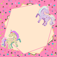 Unicorns in pastel colors on the background of hearts. graphics. Frame. Illustration for Valentine s Day.