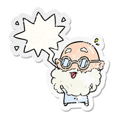 cute cartoon surprised old man and speech bubble distressed sticker