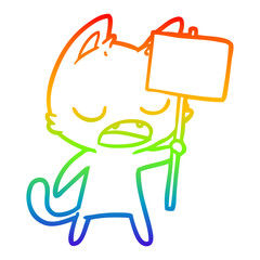rainbow gradient line drawing talking cat cartoon with placard