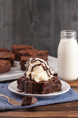Double Chocolate Brownies Sundae with Vanilla Ice Cream on Top