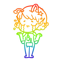 rainbow gradient line drawing cartoon crying alien girl