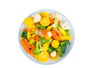 Frozen broccoli, cauliflower, red and yellow carrots. 