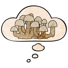 cartoon mushroom and thought bubble in grunge texture pattern style