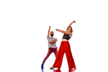 Talented hip-hop dancers excercising together isolated on white