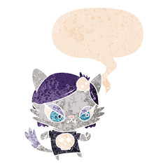 cartoon tough cat girl and speech bubble in retro textured style