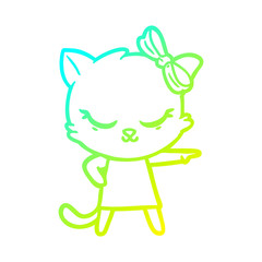 cold gradient line drawing cute cartoon cat with bow
