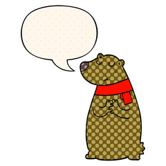 cartoon bear wearing scarf and speech bubble in comic book style