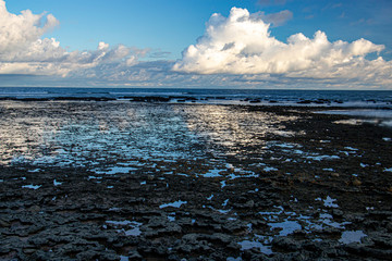sky reflecting at low tide, revealing the rocks