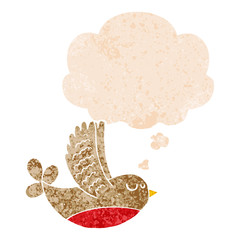 cartoon bird and thought bubble in retro textured style
