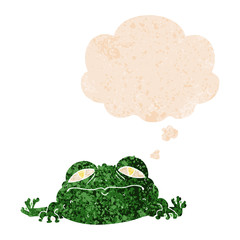 cartoon ugly frog and thought bubble in retro textured style
