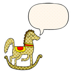 cartoon rocking horse and speech bubble in comic book style