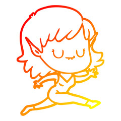 warm gradient line drawing happy cartoon elf girl running