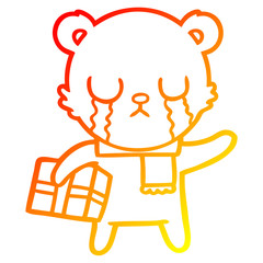 warm gradient line drawing crying polar bear cartoon with christmas gift