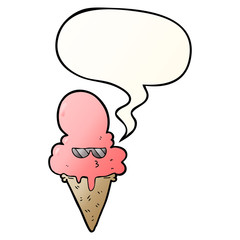 cartoon cool ice cream and speech bubble in smooth gradient style