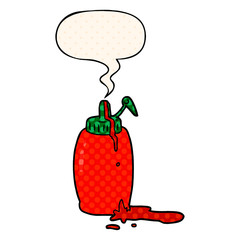 cartoon tomato ketchup bottle and speech bubble in comic book style