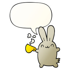 cute cartoon rabbit drinking coffee and speech bubble in smooth gradient style
