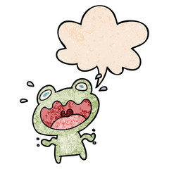 cute cartoon frog frightened and speech bubble in retro texture style