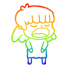 rainbow gradient line drawing cartoon woman talking loudly