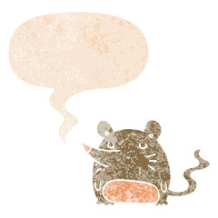 cartoon mouse and speech bubble in retro textured style