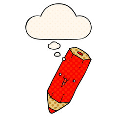 happy cartoon pencil and thought bubble in comic book style