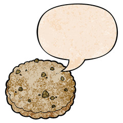 cartoon biscuit and speech bubble in retro texture style