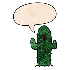 cartoon cactus and speech bubble in retro texture style