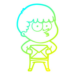 cold gradient line drawing cartoon curious boy carrying a gift
