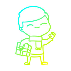 cold gradient line drawing cartoon smiling boy with gift
