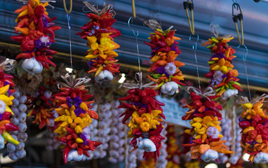 Flowers hanging in a street market