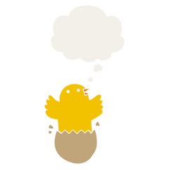 cartoon hatching bird and thought bubble in retro style