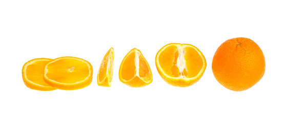 Set of fresh whole and cut orange and slices isolated on white background.