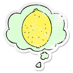 cartoon lemon and thought bubble as a distressed worn sticker