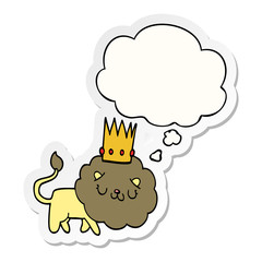 cartoon lion with crown and thought bubble as a printed sticker