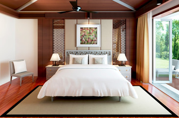 Fototapeta na wymiar Hotel Room Interior 3D Illustration Photorealistic Rendering