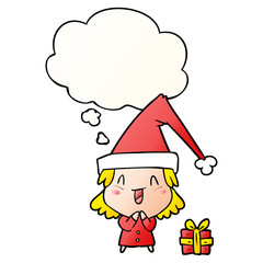 cartoon girl wearing christmas hat and thought bubble in smooth gradient style