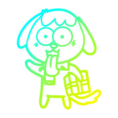 cold gradient line drawing cute cartoon dog with christmas present